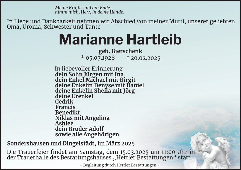  Traueranzeige für Marianne Hartleib vom 01.03.2025 aus Thüringer Allgemeine