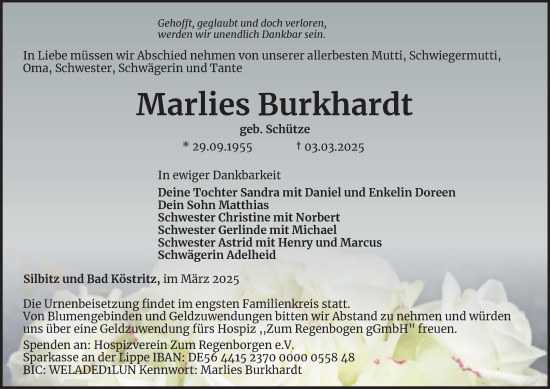 Traueranzeige von Marlies Burkhardt