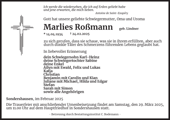 Traueranzeige von Marlies Roßmann