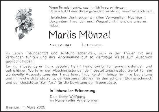 Traueranzeige von Marlis Münzel von Thüringer Allgemeine