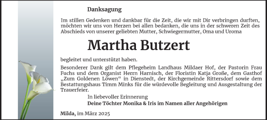 Traueranzeige von Martha Butzert von Thüringer Allgemeine, Thüringische Landeszeitung