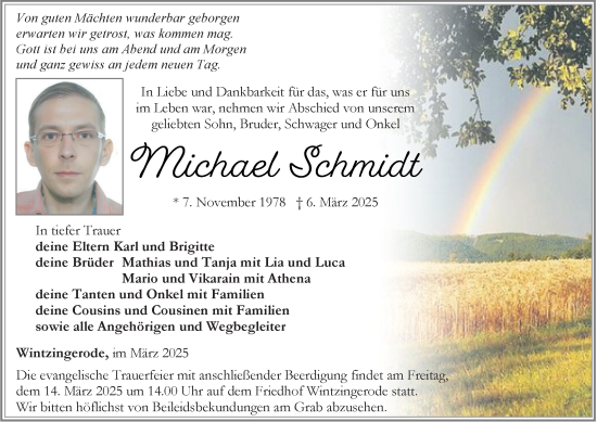Traueranzeige von Michael Schmidt von Thüringer Allgemeine