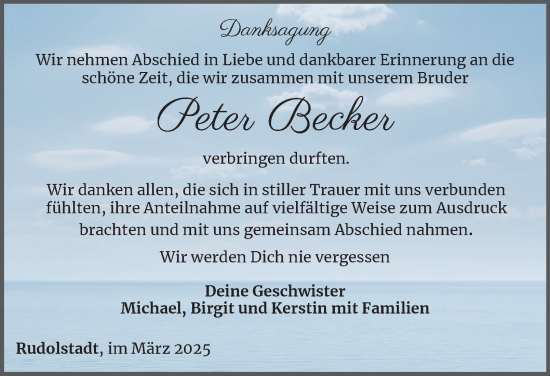 Traueranzeige von Peter Becker von Ostthüringer Zeitung