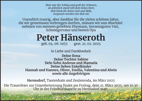 Traueranzeige von Peter Hänseroth von Ostthüringer Zeitung