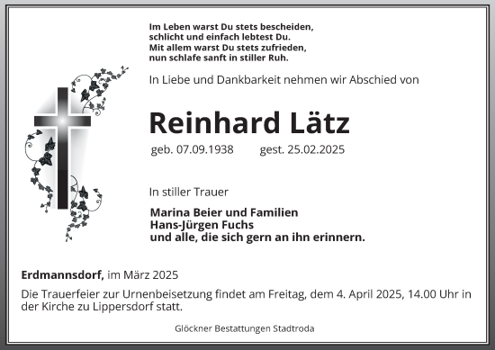 Traueranzeige von Reinhard Lätz von Ostthüringer Zeitung