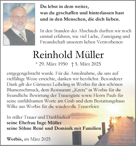 Traueranzeige von Reinhold Müller von Thüringer Allgemeine