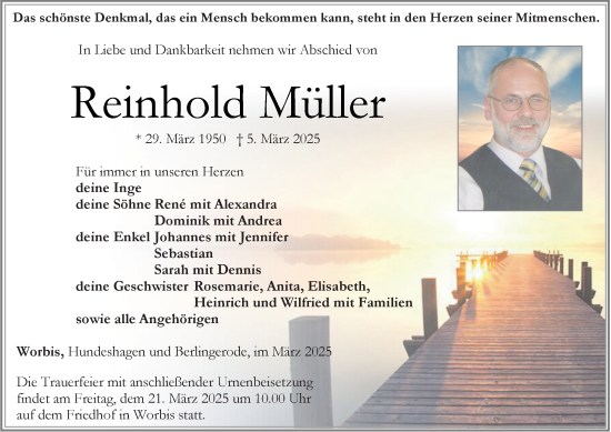Traueranzeige von Reinhold Müller von Thüringer Allgemeine