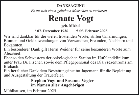Traueranzeige von Renate Vogt von Thüringer Allgemeine, Thüringische Landeszeitung