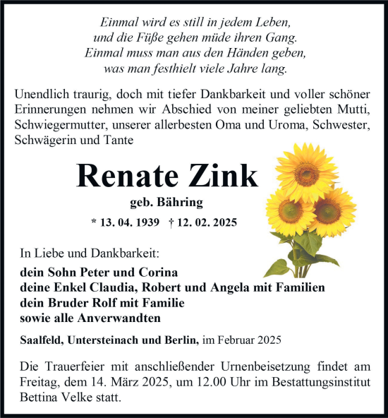 Traueranzeige von Renate Zink von Ostthüringer Zeitung