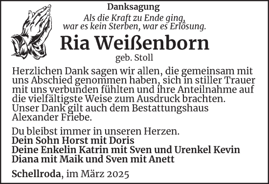 Traueranzeige von Ria Weißenborn von Thüringer Allgemeine, Thüringische Landeszeitung