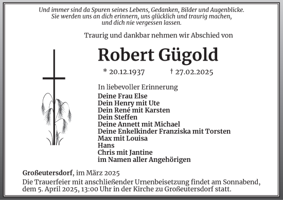Traueranzeige von Robert Gügold von Ostthüringer Zeitung, Thüringische Landeszeitung
