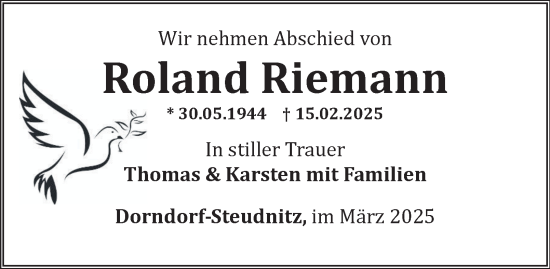 Traueranzeige von Roland Riemann von Ostthüringer Zeitung, Thüringische Landeszeitung