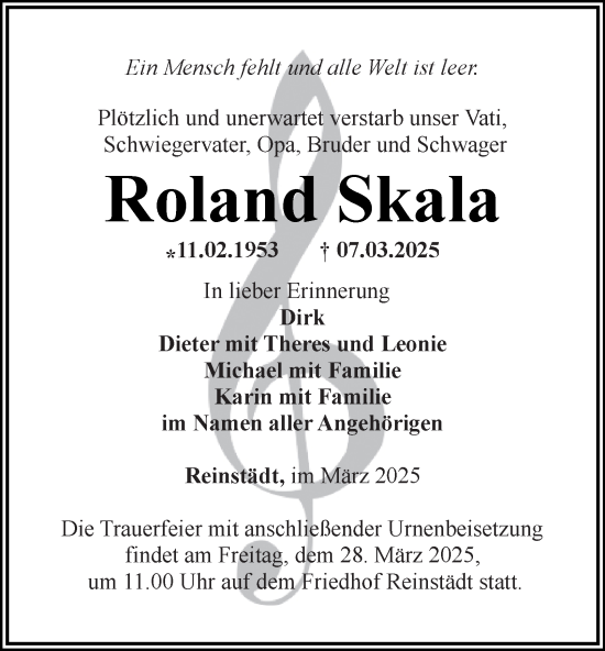 Traueranzeige von Roland Skala von Ostthüringer Zeitung, Thüringische Landeszeitung