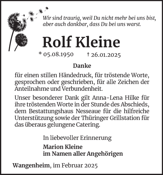 Traueranzeige von Rolf Kleine von Thüringer Allgemeine, Thüringische Landeszeitung
