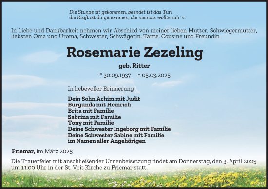 Traueranzeige von Rosemarie Zezeling von Thüringer Allgemeine, Thüringische Landeszeitung