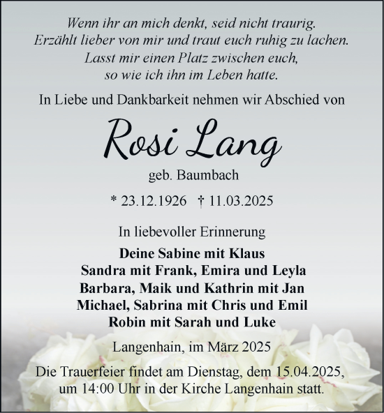 Traueranzeige von Rosi Lang von Thüringer Allgemeine, Thüringische Landeszeitung