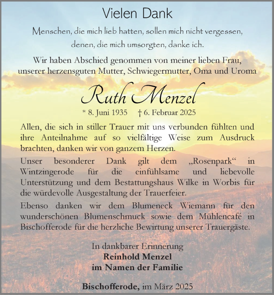 Traueranzeige von Ruth Menzel von Thüringer Allgemeine