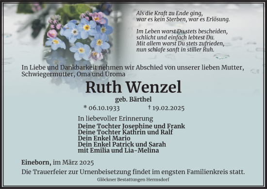 Traueranzeige von Ruth Wenzel von Ostthüringer Zeitung