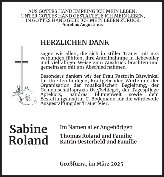 Traueranzeige von Sabine Roland