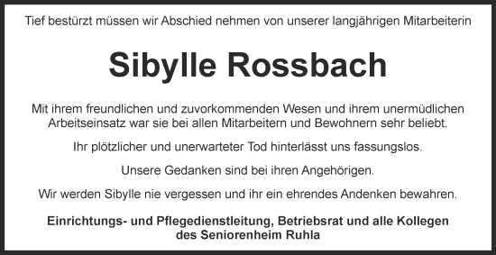 Traueranzeige von Sibylle Rossbach von Thüringer Allgemeine, Thüringische Landeszeitung