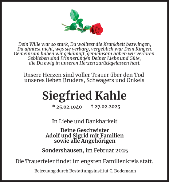 Traueranzeige von Siegfried Kahle