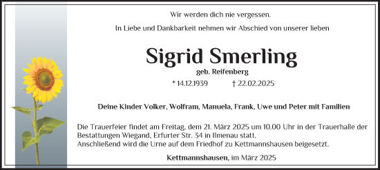 Traueranzeige von Sigrid Smerling von Thüringer Allgemeine