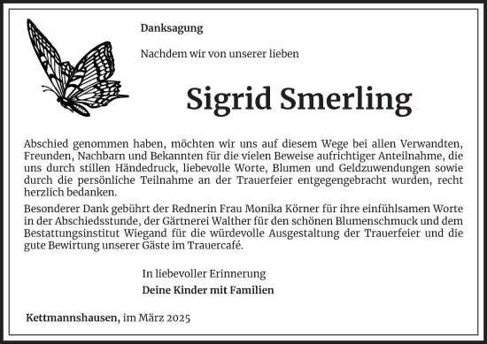 Traueranzeige von Sigrid Smerling von Thüringer Allgemeine