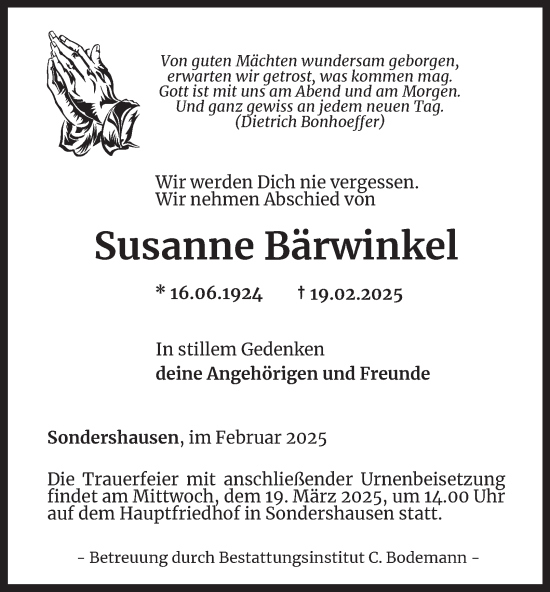 Traueranzeige von Susanne Bärwinkel