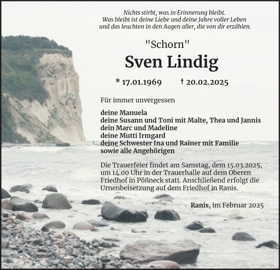 Traueranzeige von Sven Lindig von Ostthüringer Zeitung