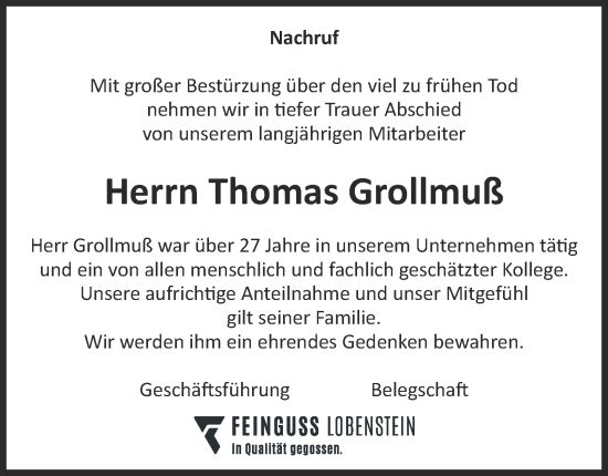Traueranzeige von Thomas Grollmuß von Ostthüringer Zeitung