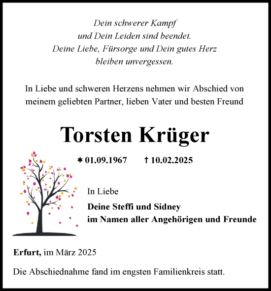 Traueranzeige von Torsten Krüger von Thüringer Allgemeine, Thüringische Landeszeitung
