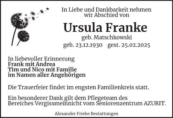 Traueranzeige von Ursula Franke