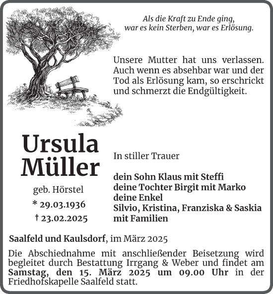 Traueranzeige von Ursula Müller von Ostthüringer Zeitung