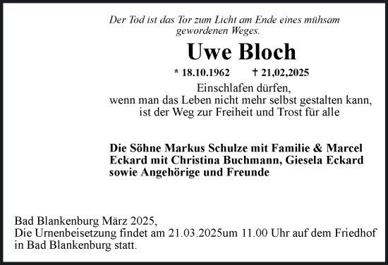 Traueranzeige von Uwe Bloch von Ostthüringer Zeitung