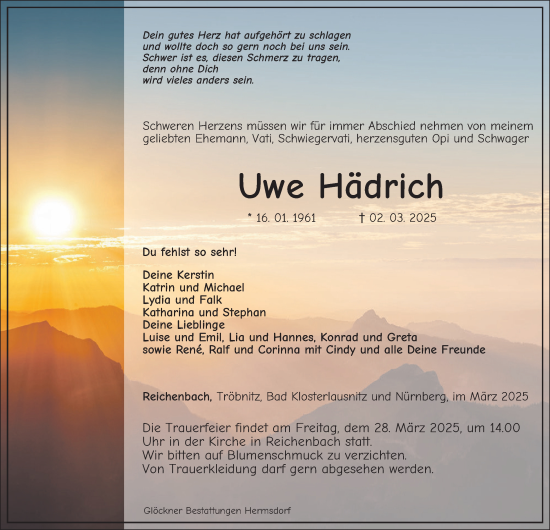 Traueranzeige von Uwe Hädrich von Ostthüringer Zeitung