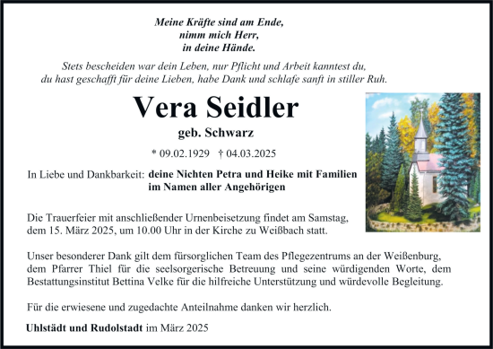 Traueranzeige von Vera Seidler von Ostthüringer Zeitung