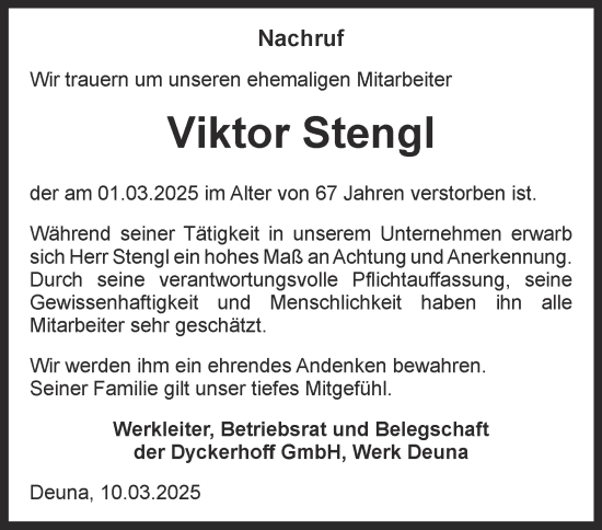 Traueranzeige von Viktor Stengl von Thüringer Allgemeine