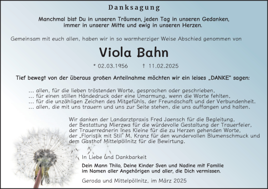 Traueranzeige von Viola Bahn von Ostthüringer Zeitung