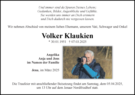 Traueranzeige von Volker Klaukien von Ostthüringer Zeitung