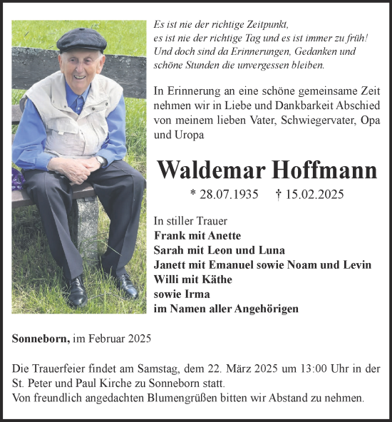 Traueranzeige von Waldemar Hoffmann von Thüringer Allgemeine, Thüringische Landeszeitung