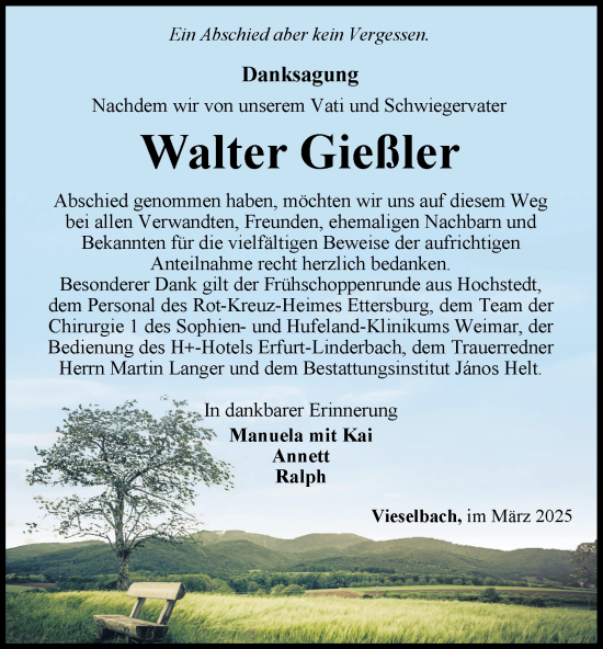 Traueranzeige von Walter Gießler von Thüringer Allgemeine, Thüringische Landeszeitung