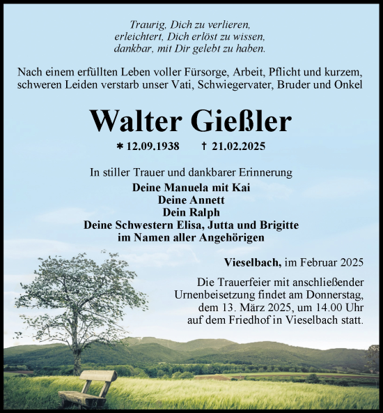 Traueranzeige von Walter Gießler von Thüringer Allgemeine, Thüringische Landeszeitung