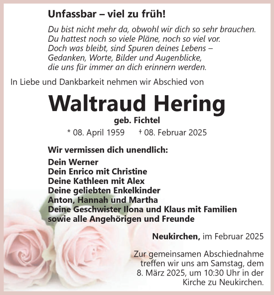 Traueranzeige von Waltraud Hering von Thüringer Allgemeine, Thüringische Landeszeitung