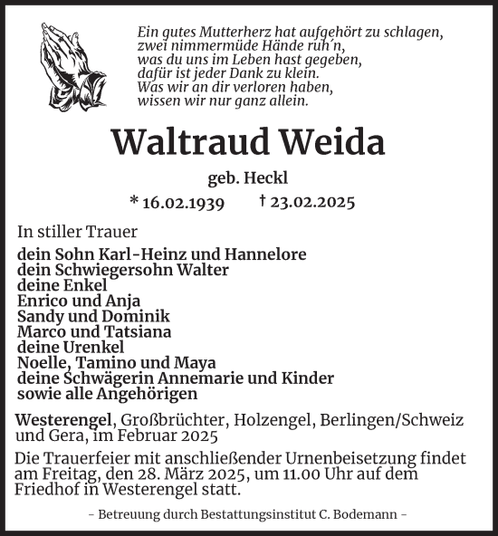 Traueranzeige von Waltraud Weida