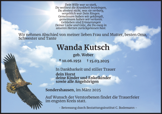 Traueranzeige von Wanda Kutsch