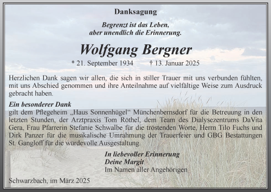 Traueranzeige von Wolfgang Bergner von Ostthüringer Zeitung