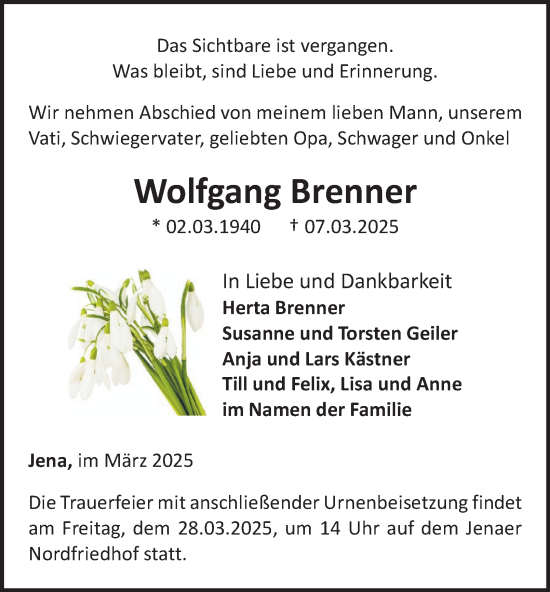Traueranzeige von Wolfgang Brenner von Ostthüringer Zeitung, Thüringische Landeszeitung