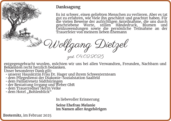 Traueranzeige von Wolfgang Dietzel von Ostthüringer Zeitung