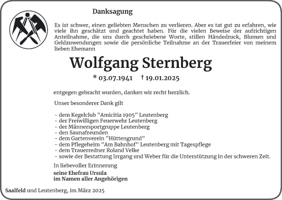 Traueranzeige von Wolfgang Sternberg von Ostthüringer Zeitung