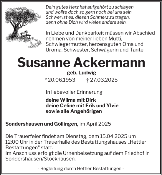 Traueranzeige von Susanne Ackermann von TA, TLZ